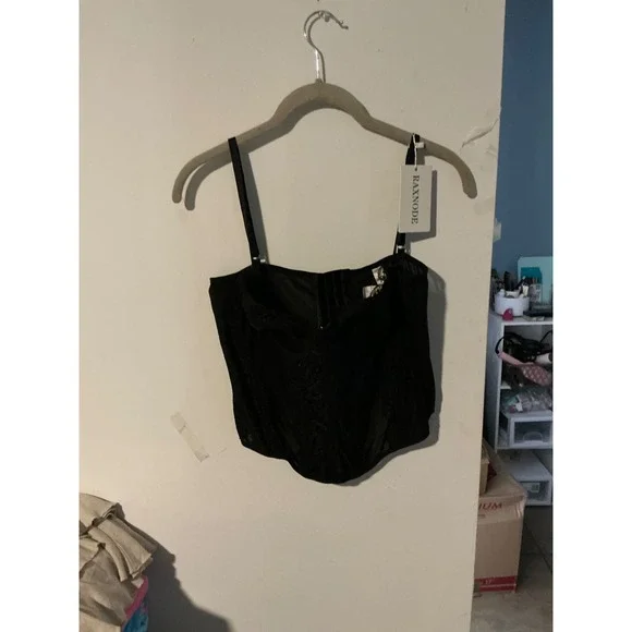 RAXNODE Black Lace Corset Top Hook Eye Front Mesh Bustier Adjustable Straps NWT - Picture 2 of 3